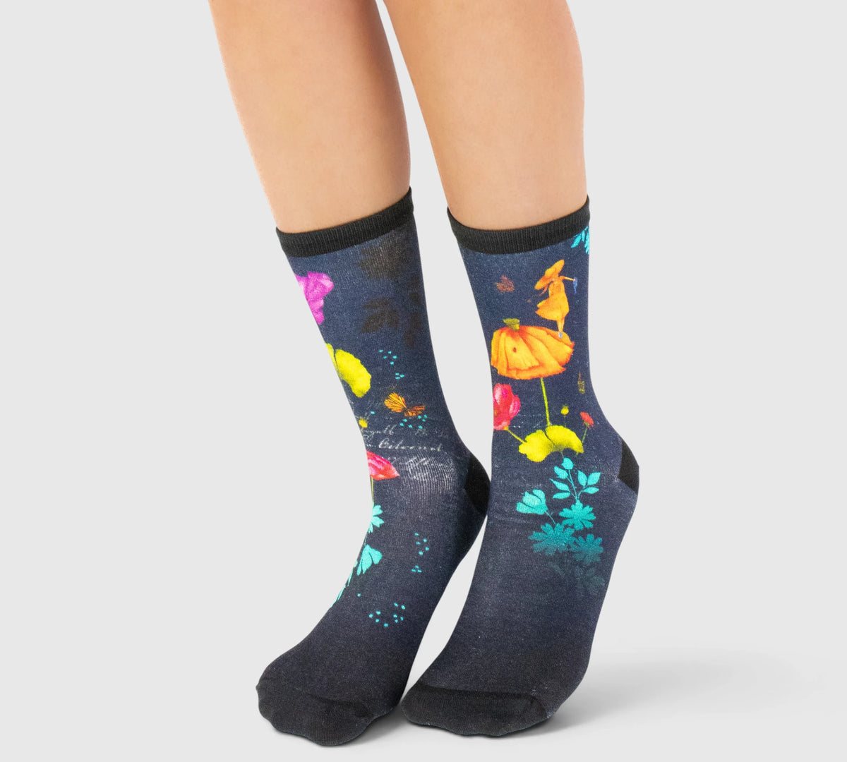 Chaussettes Femme en Bambou - Motif Floral Bleu Gris
