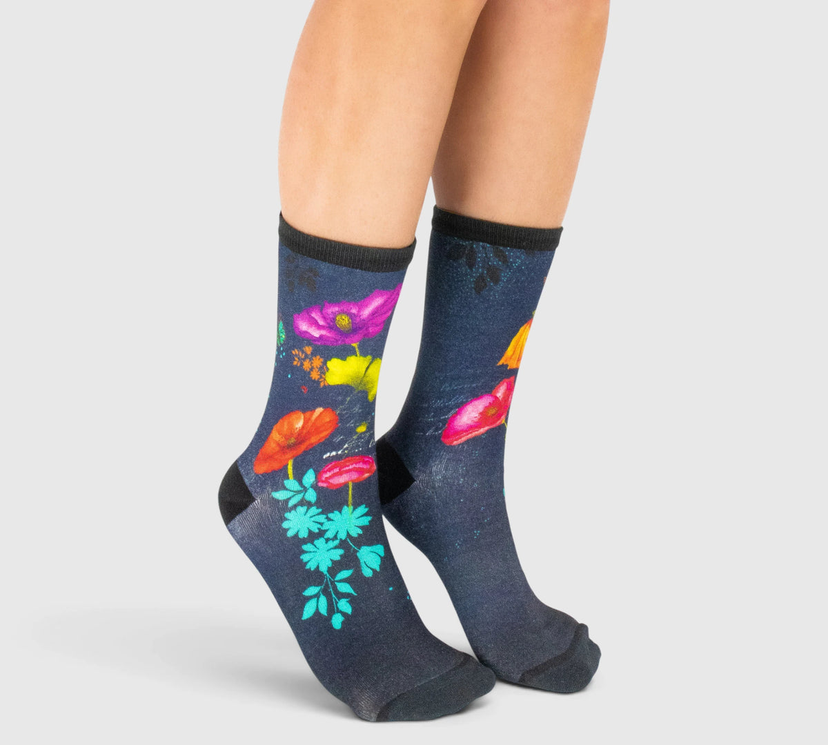 Chaussettes Femme en Bambou - Motif Floral Bleu Gris