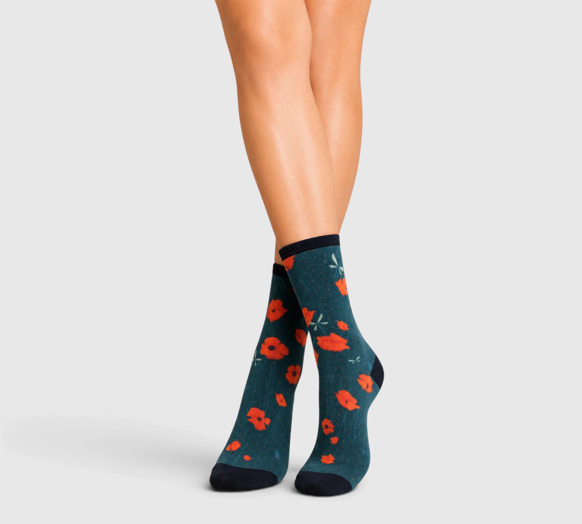 Chaussettes fantaisie femme bambou – motif coquelicots