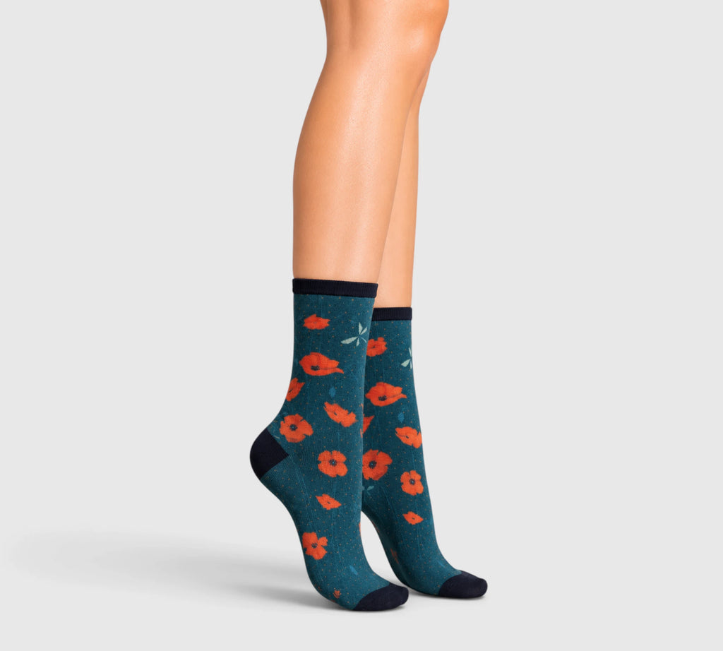 Chaussettes fantaisie femme bambou – motif coquelicots