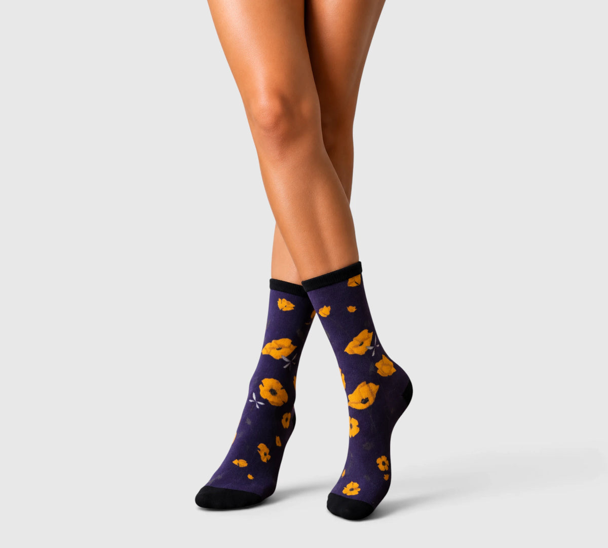 Chaussettes fantaisie coquelicots jaunes en bambou – Femme