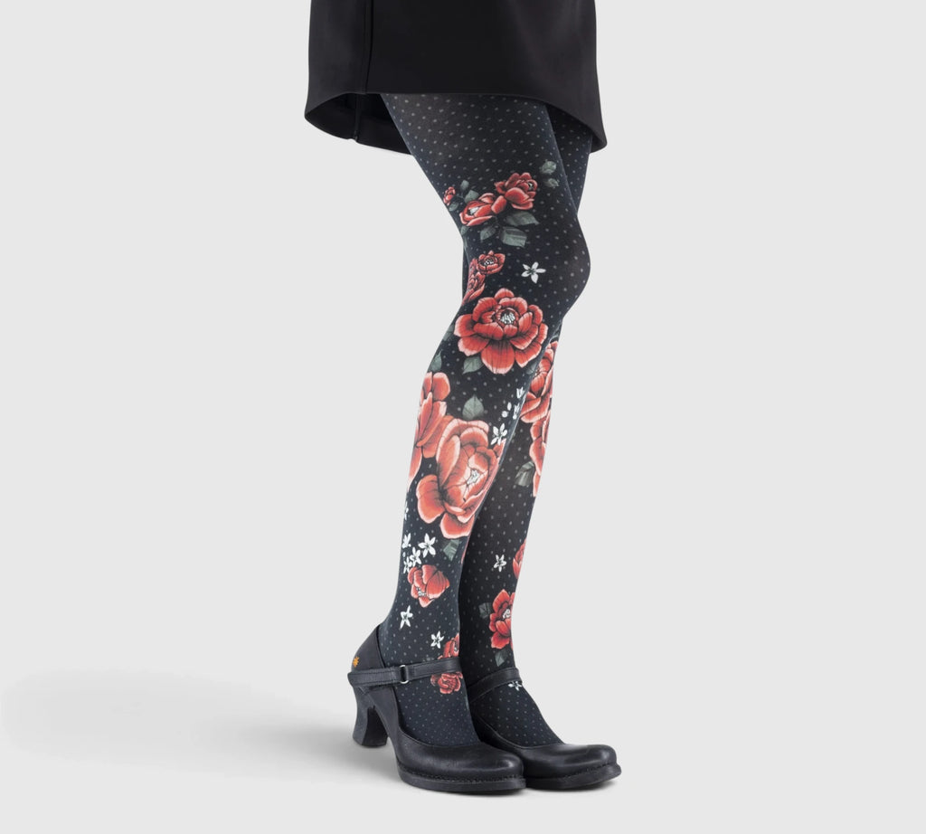 Collants fantaisie noirs à fleurs rouges – Élégance florale femme