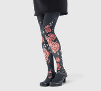 Collants fantaisie noirs à fleurs rouges – Élégance florale femme