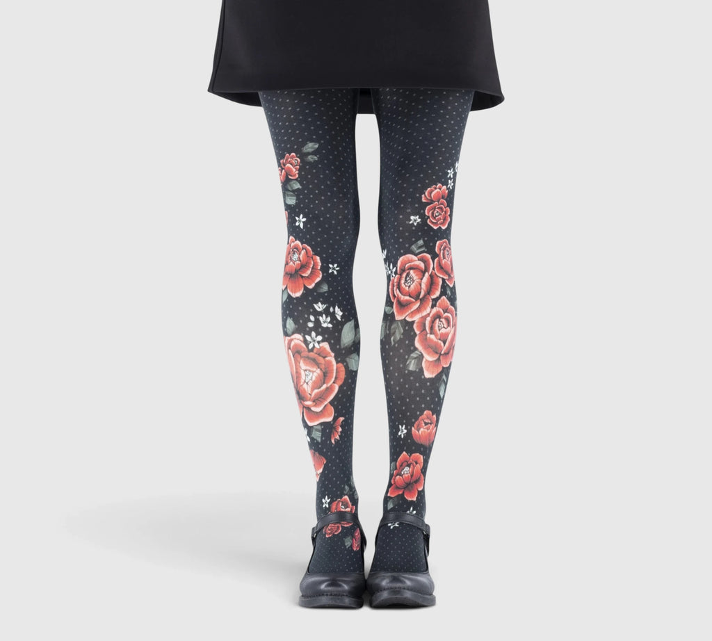 Collants fantaisie noirs à fleurs rouges – Élégance florale femme