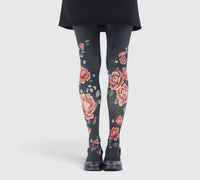Collants fantaisie noirs à fleurs rouges – Élégance florale femme