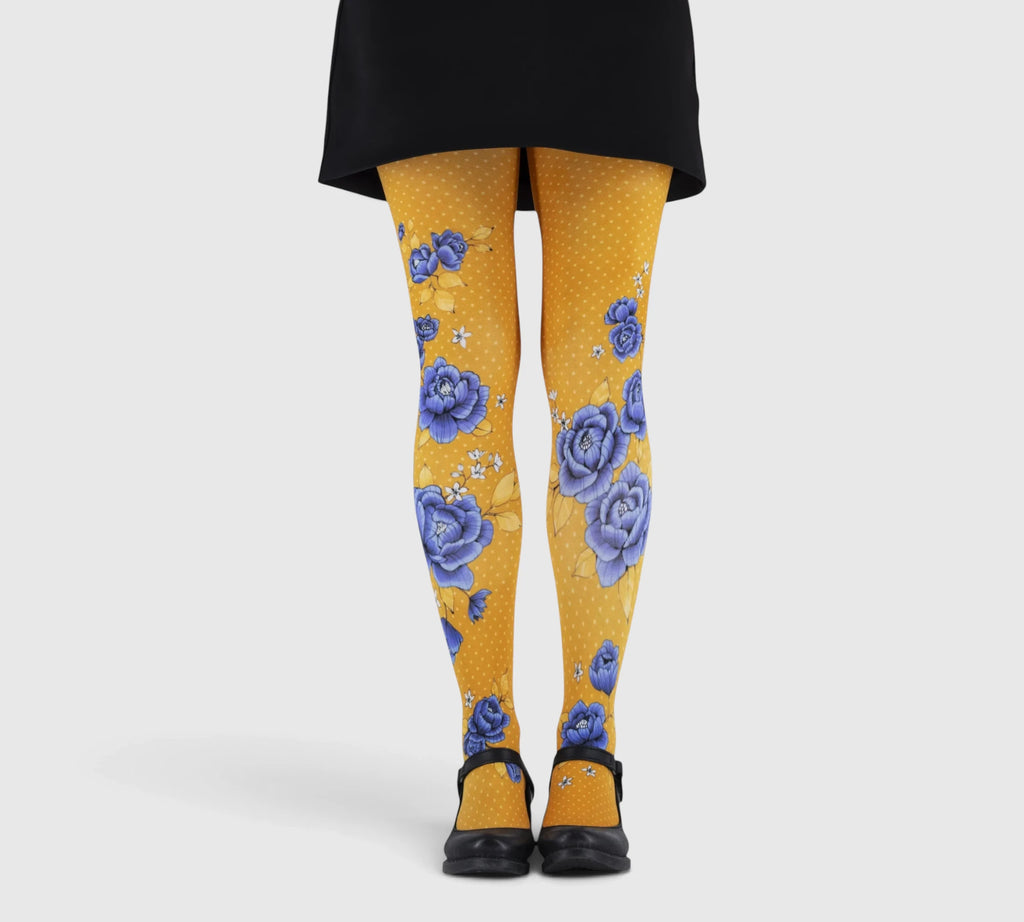 Collant fantaisie femme orange à fleurs bleues