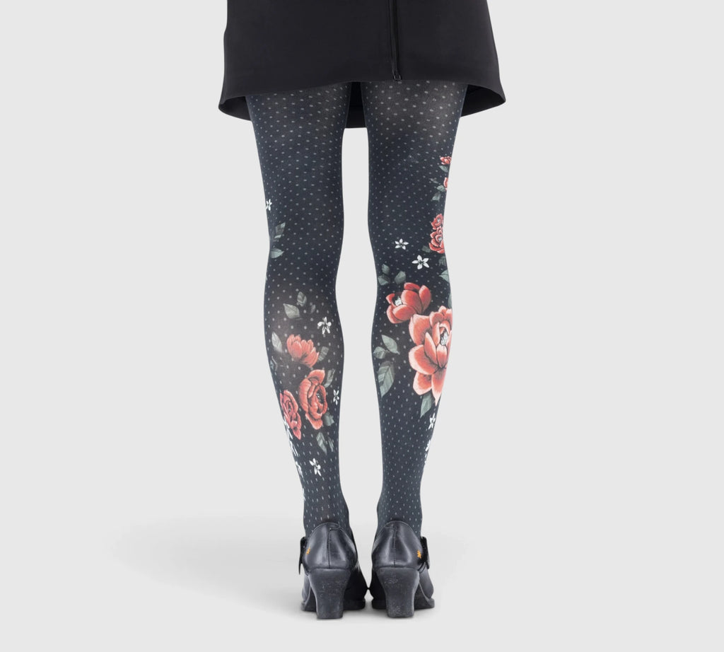 Collants fantaisie noirs à fleurs rouges – Élégance florale femme