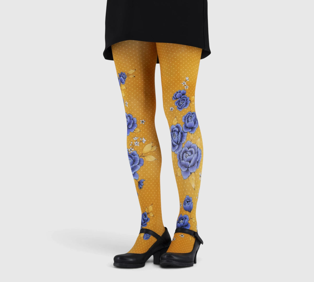 Collant fantaisie femme orange à fleurs bleues