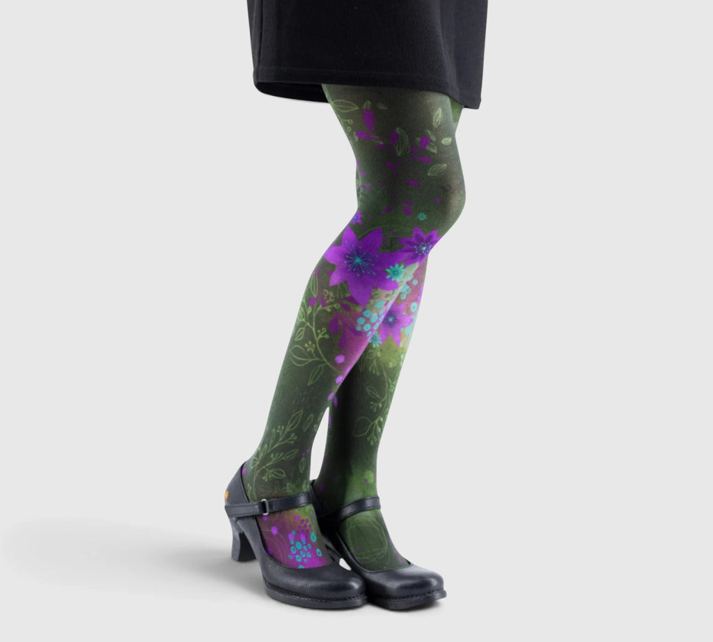 Collant résistant et original avec fleurs en vert et violet