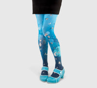 Collants bleus à motif chat et fleurs poétiques