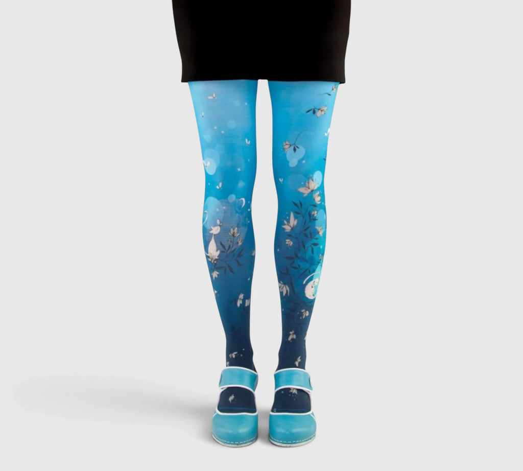 Collants bleus à motif chat et fleurs poétiques