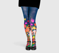 Collants bleus fantaisie motifs fleurs