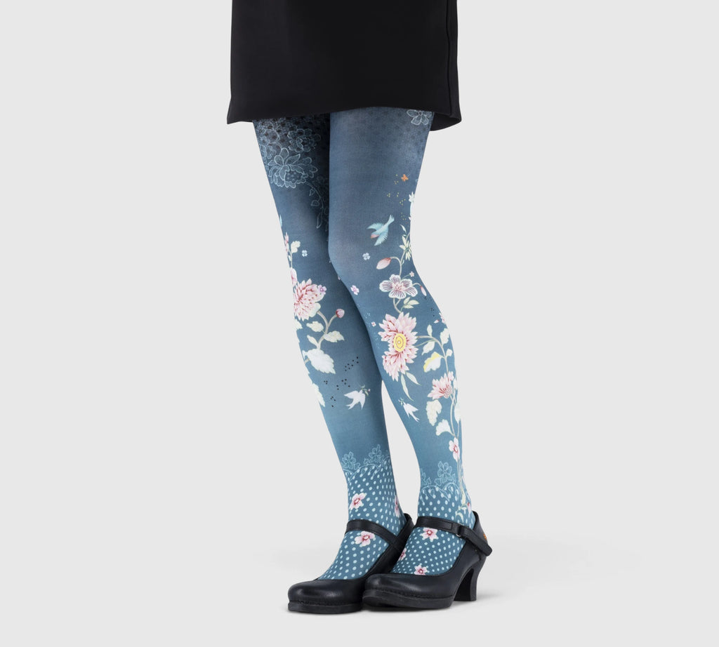 Collants femme bleu poudré à grandes fleurs