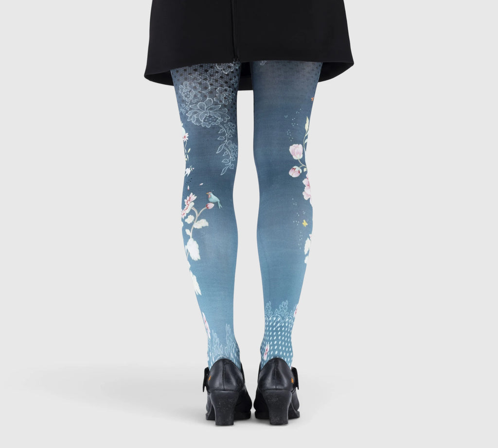 Collants femme bleu poudré à grandes fleurs