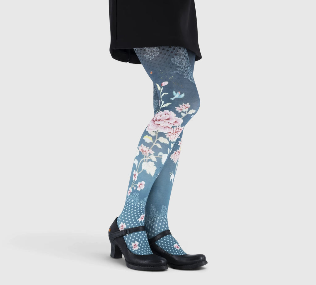 Collants femme bleu poudré à grandes fleurs