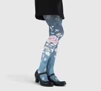 Collants femme bleu poudré à grandes fleurs