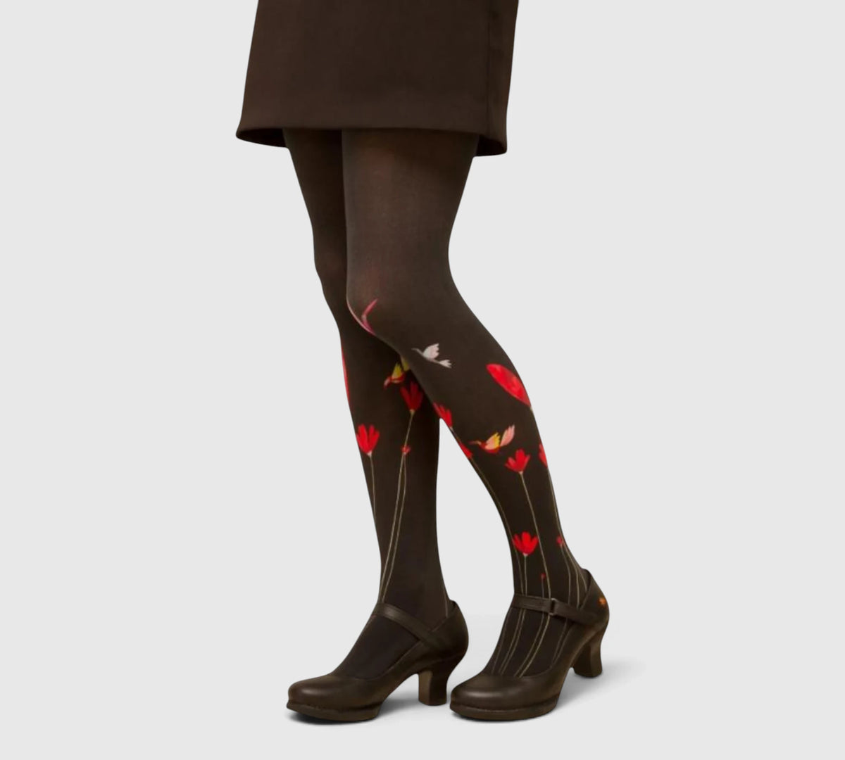 Collants fantaisie femme Fleurs Rouges & Colibris – fond noir