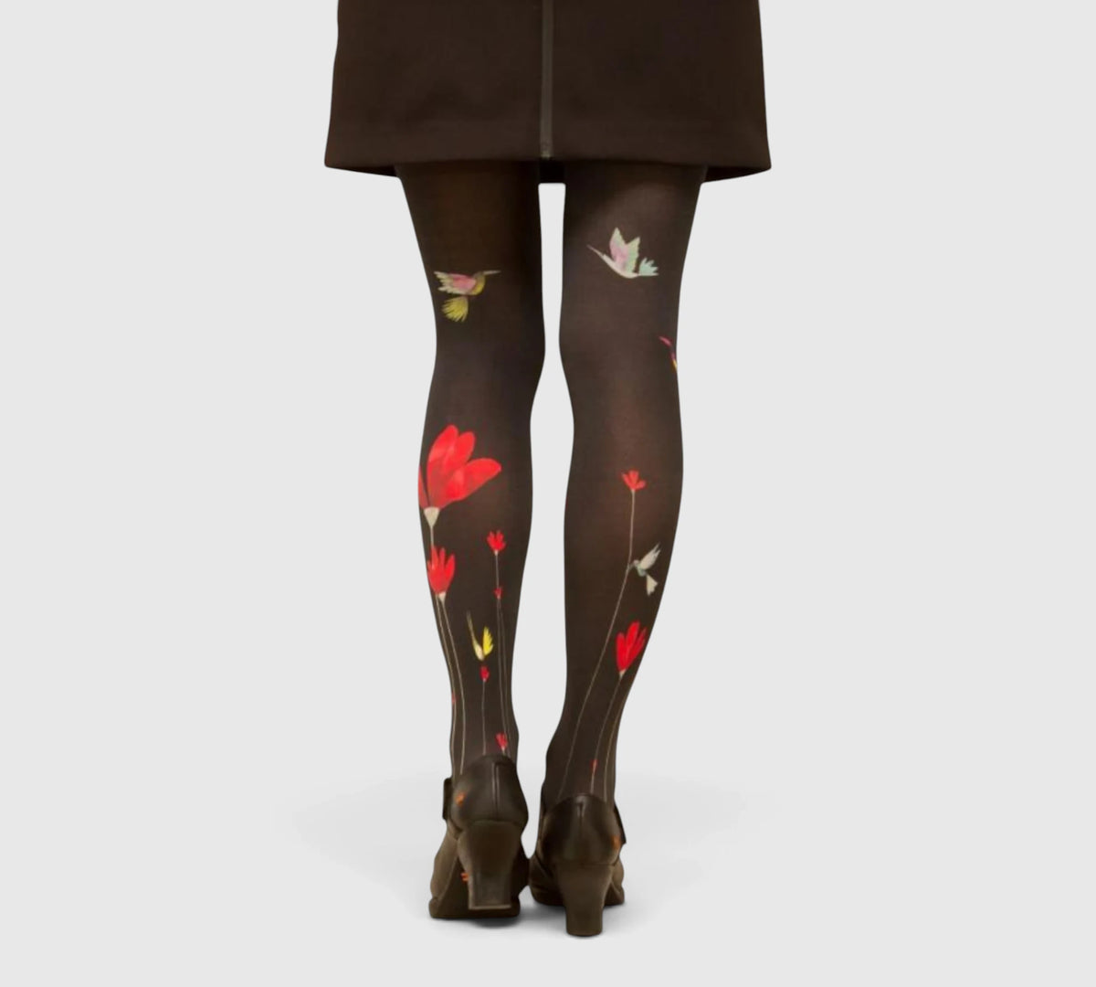 Collants fantaisie femme Fleurs Rouges & Colibris – fond noir