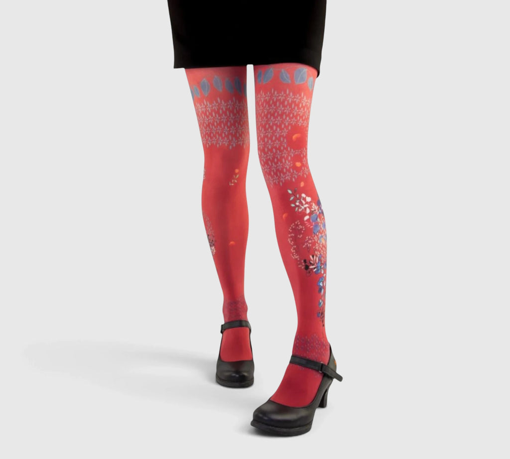 Collants fantaisie femme Jardin Rouge – design floral artistique