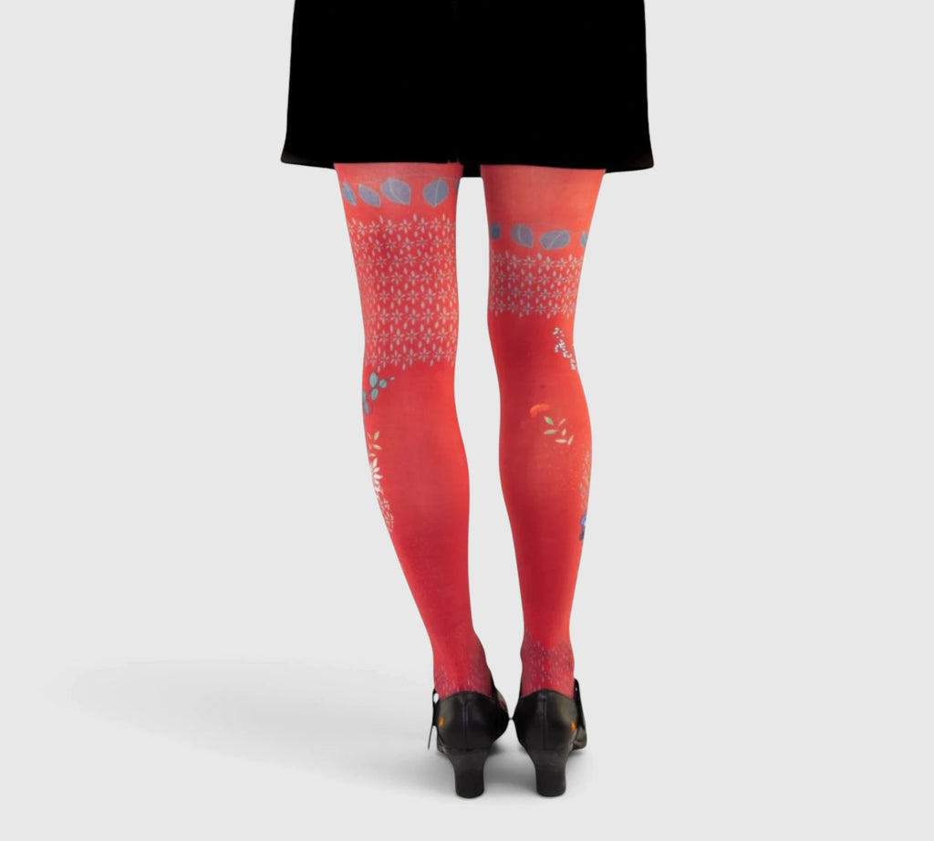 Collants fantaisie femme Jardin Rouge – design floral artistique