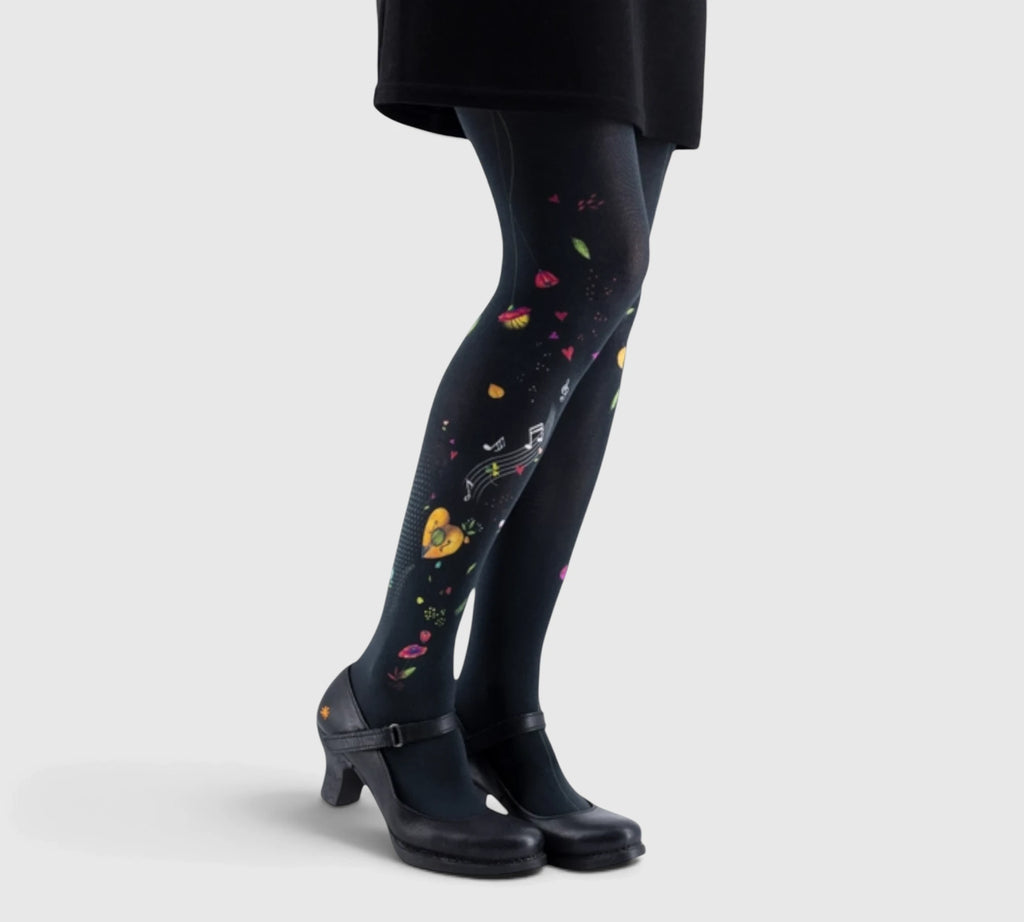 Collants fantaisie résistants – Motif musical et floral, qualité premium