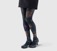 Collants femme "Automne" - fond noir, motifs feuillage doré