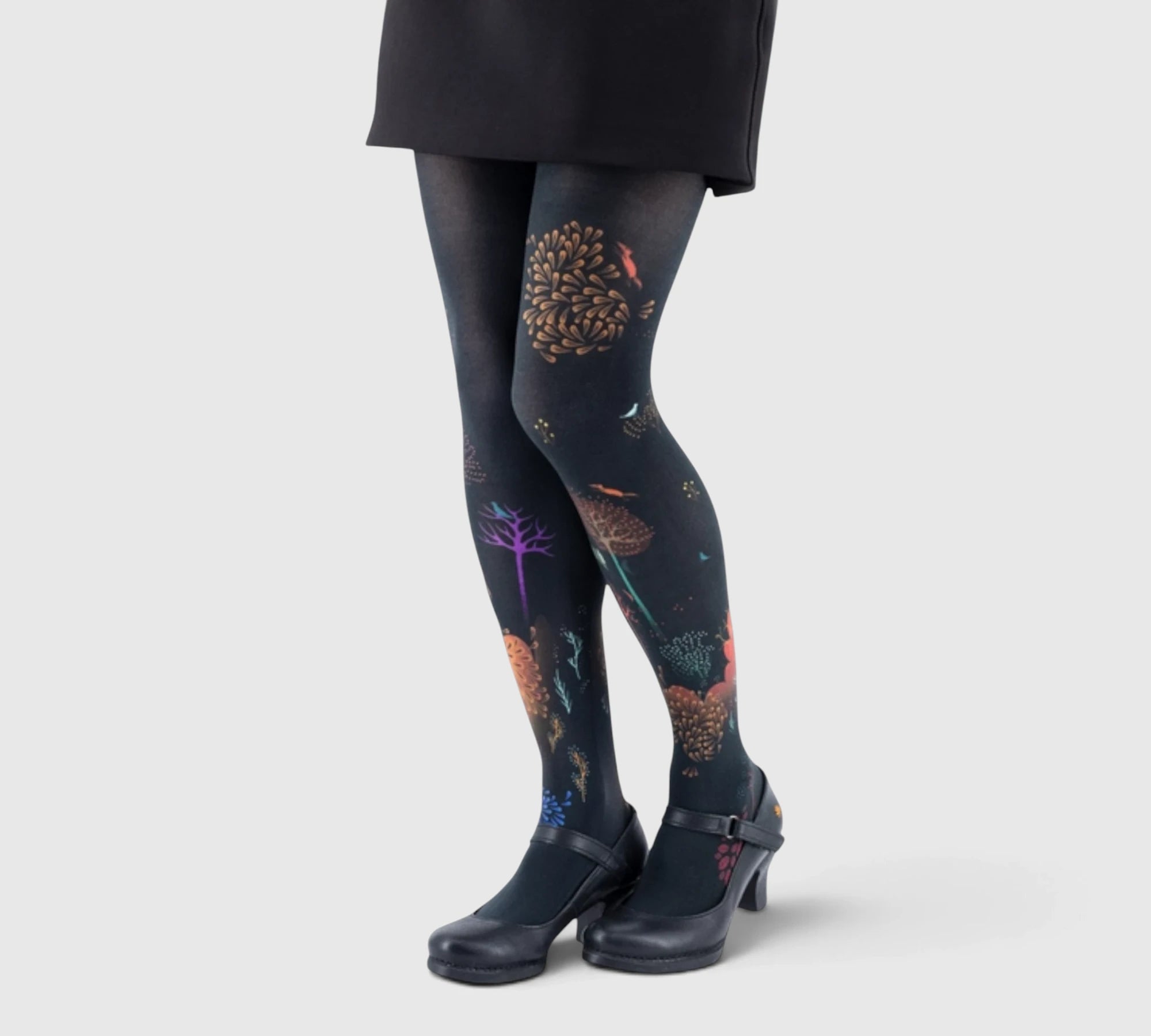 Collants femme "Automne" - fond noir, motifs feuillage doré