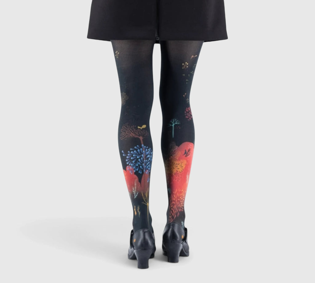 Collants femme "Automne" - fond noir, motifs feuillage doré