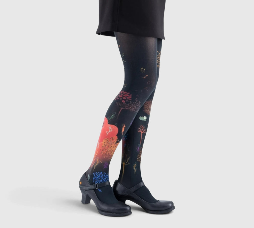 Collants femme "Automne" - fond noir, motifs feuillage doré