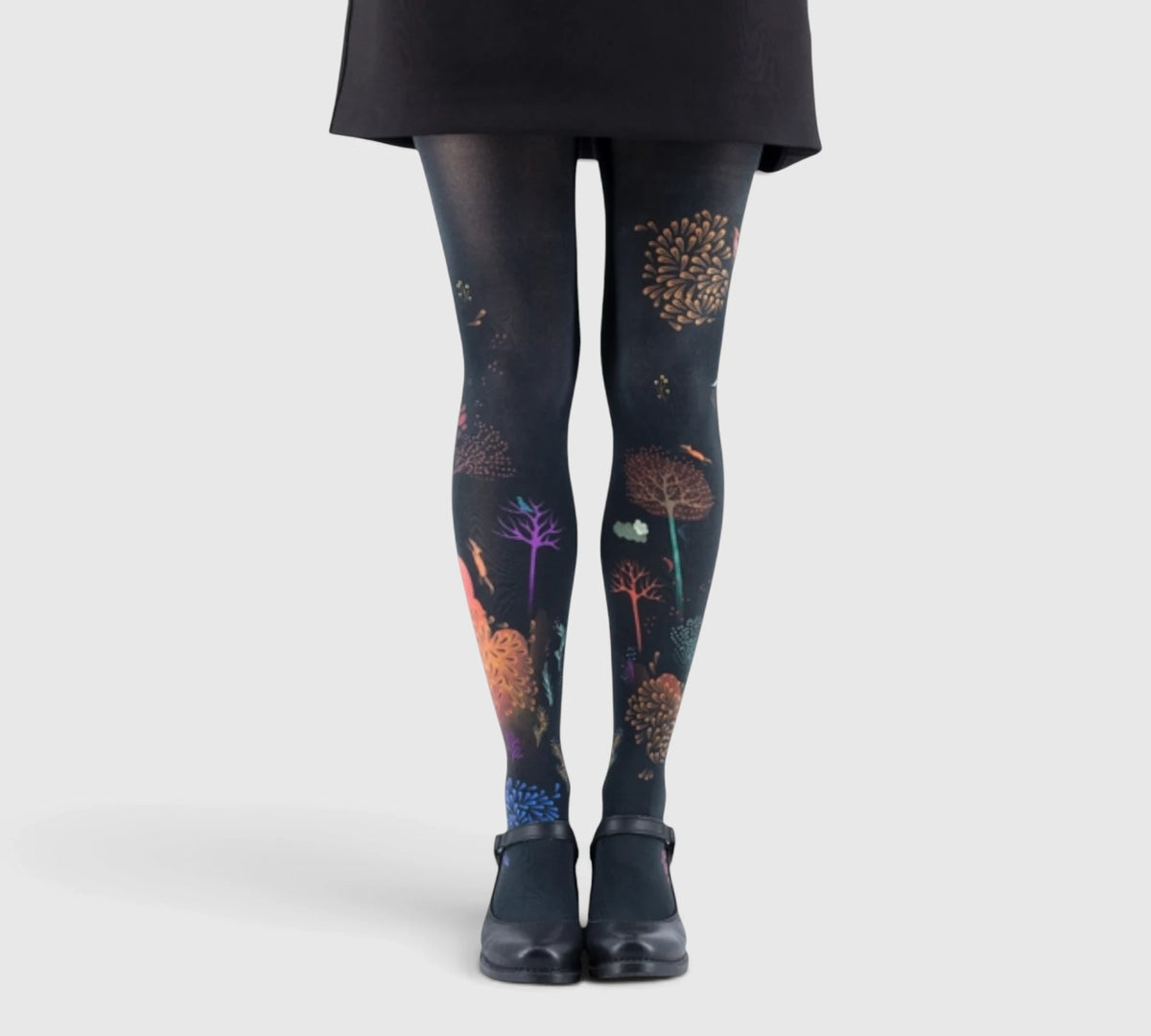 Collants femme "Automne" - fond noir, motifs feuillage doré