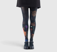 Collants femme "Automne" - fond noir, motifs feuillage doré