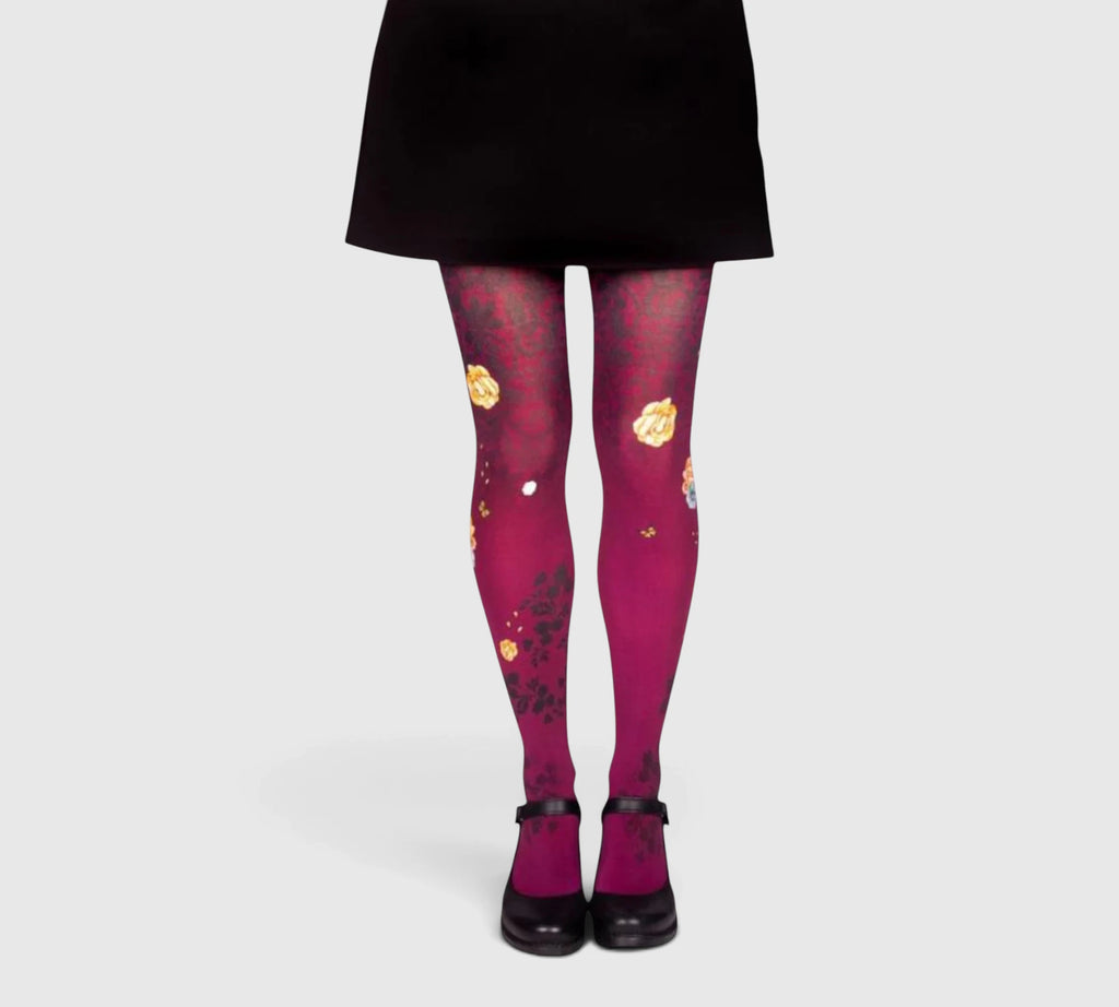 Collants floraux prune et or – design romantique et original
