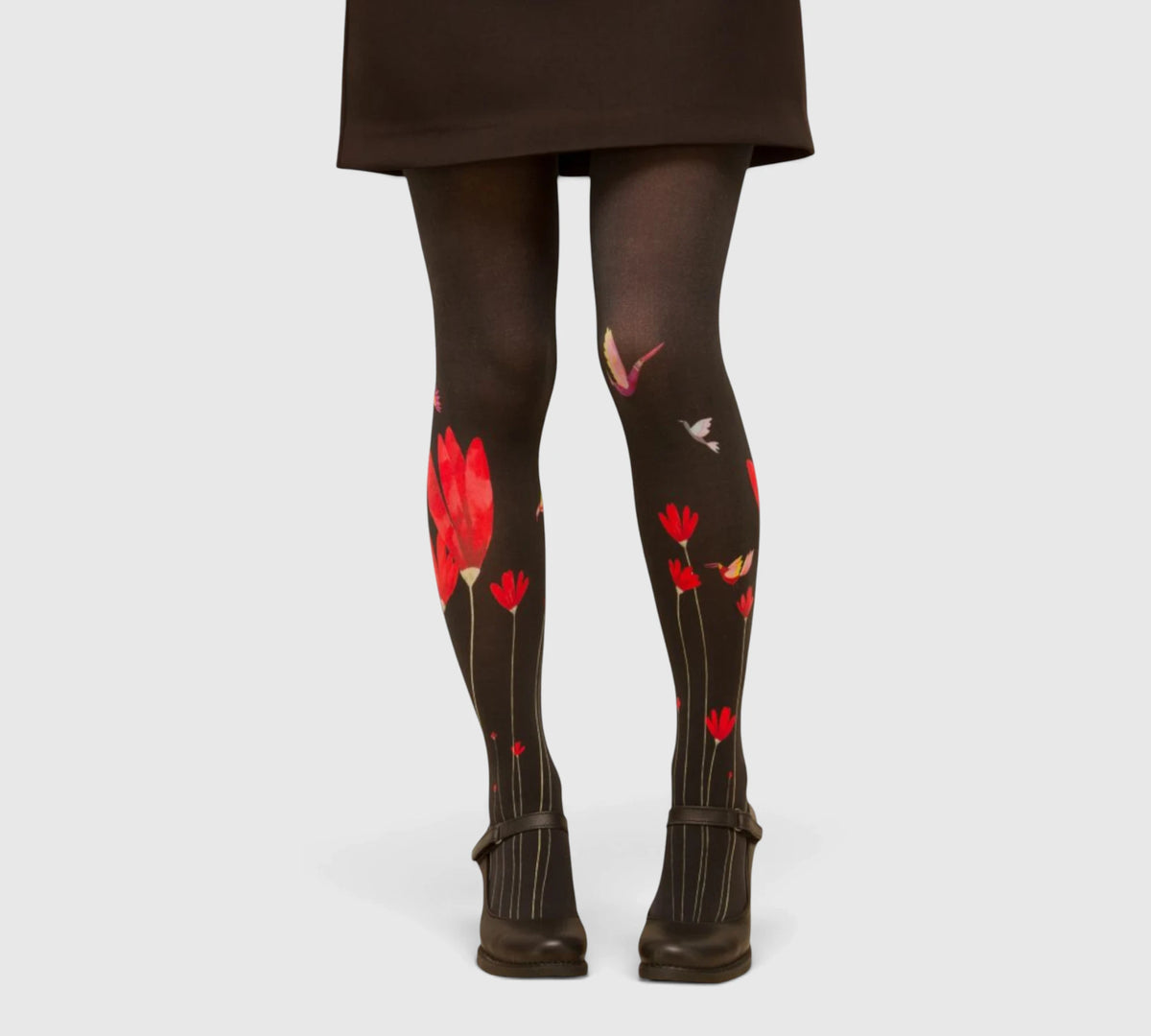 Collants fantaisie femme Fleurs Rouges & Colibris – fond noir