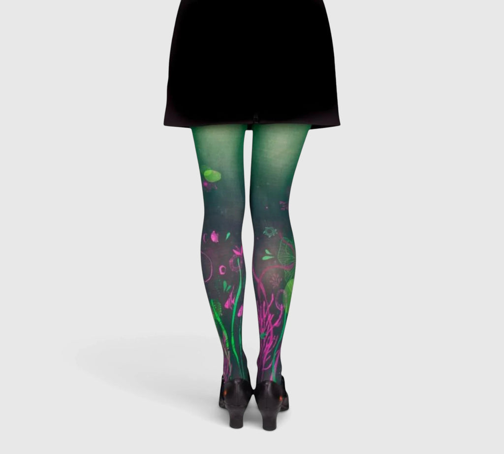 Collants imprimés vert et fuchsia – algues, coraux et poissons