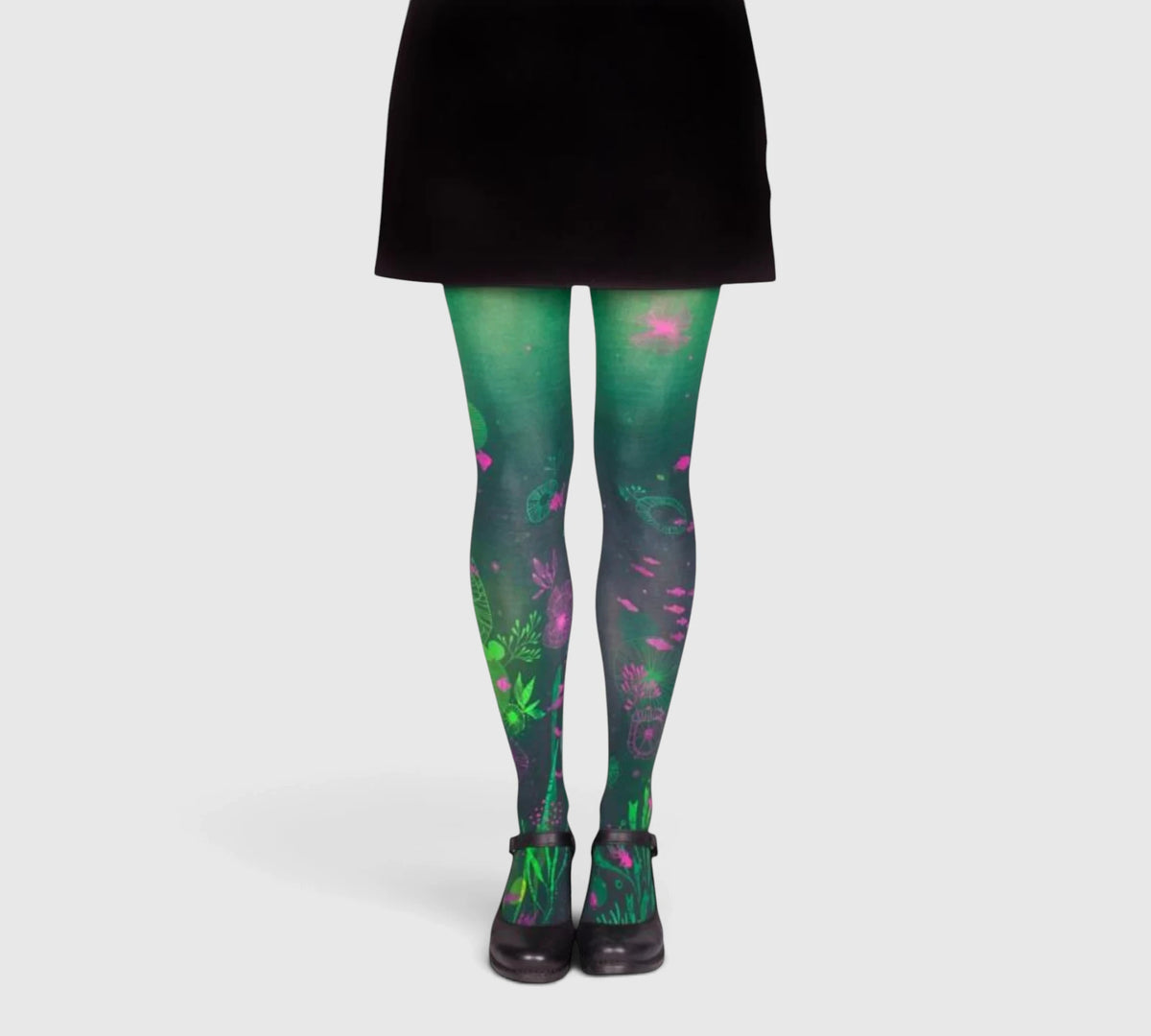 Collants imprimés vert et fuchsia – algues, coraux et poissons