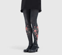 Collants fantaisie noirs à pois avec pivoines rouges