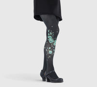 Collants noirs plumetis avec pivoines vert d’eau
