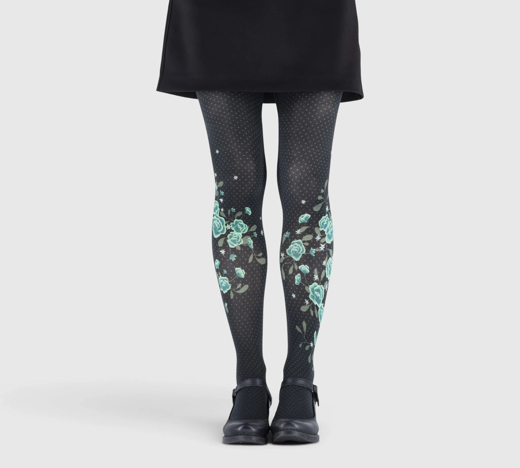 Collants noirs plumetis avec pivoines vert d’eau