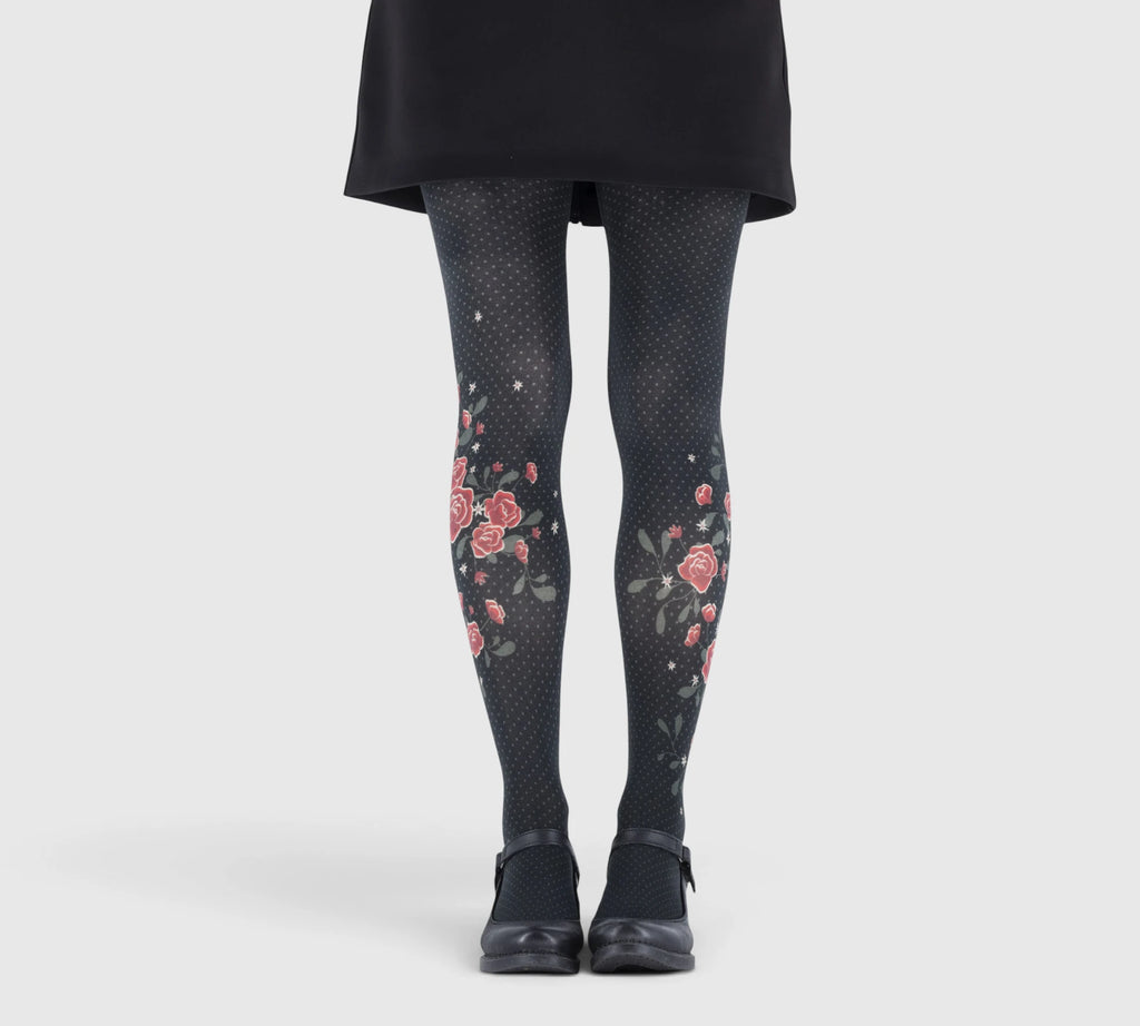 Collants fantaisie noirs à pois avec pivoines rouges