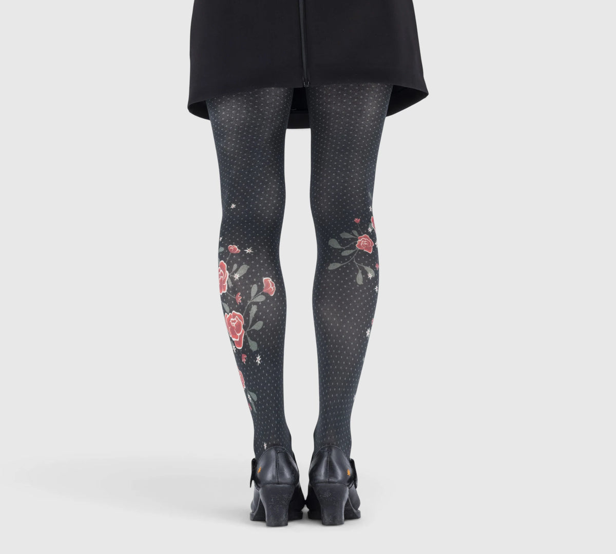 Collants fantaisie noirs à pois avec pivoines rouges