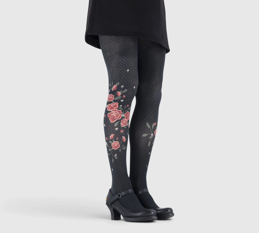 Collants fantaisie noirs à pois avec pivoines rouges