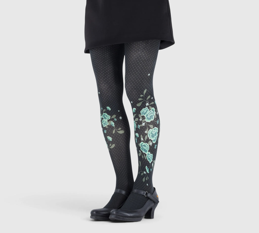 Collants noirs plumetis avec pivoines vert d’eau