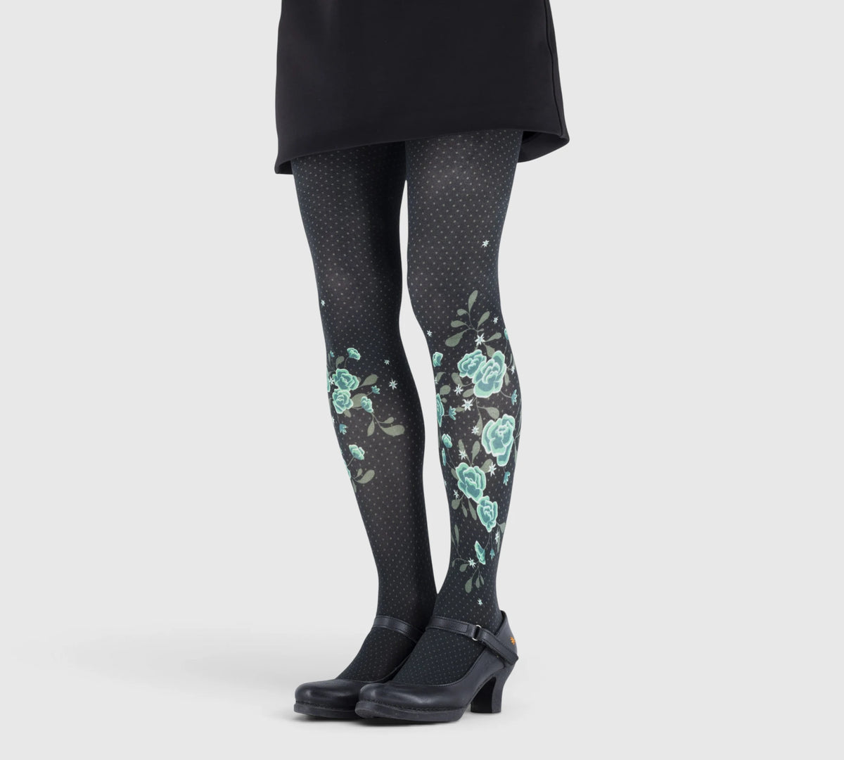 Collants noirs plumetis avec pivoines vert d’eau