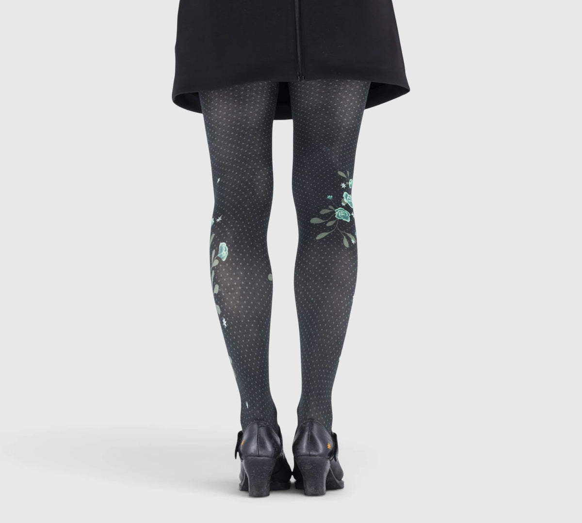 Collants noirs plumetis avec pivoines vert d’eau