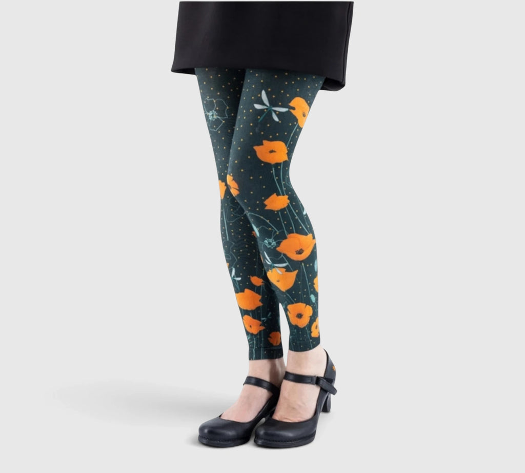Legging fantaisie : coquelicots orange et libellules