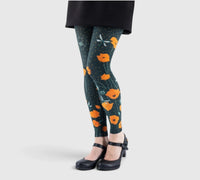 Legging fantaisie : coquelicots orange et libellules