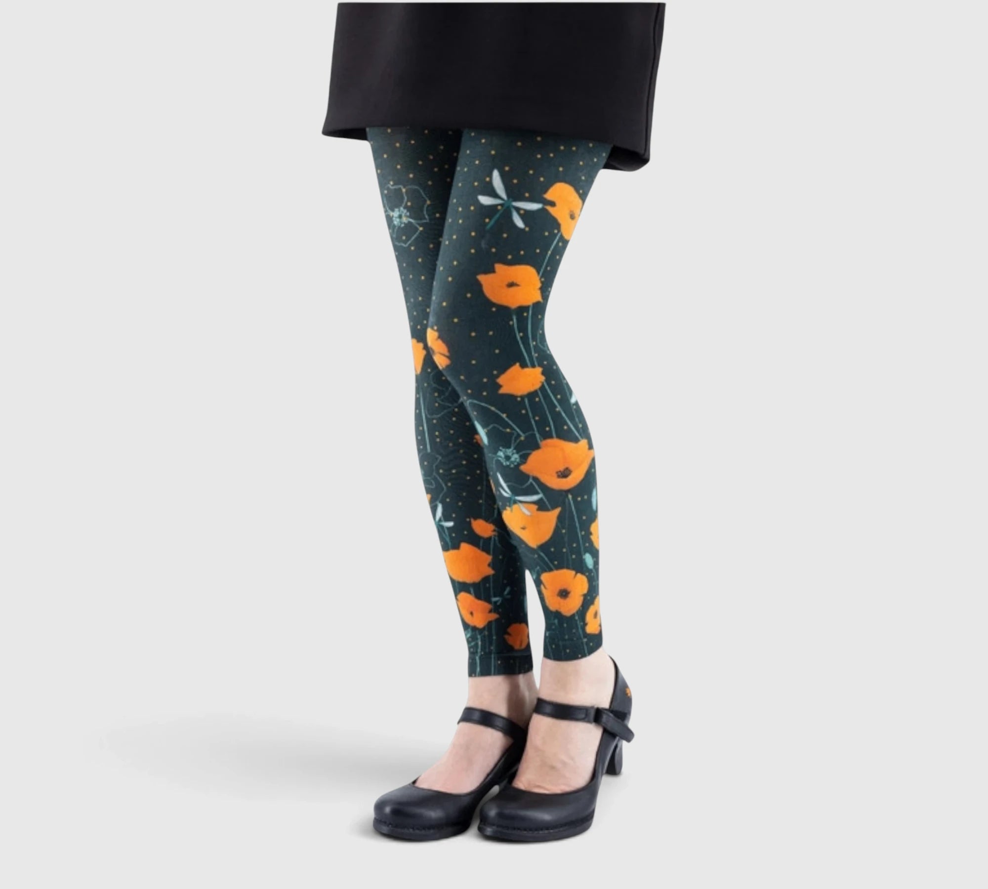 Legging fantaisie : coquelicots orange et libellules