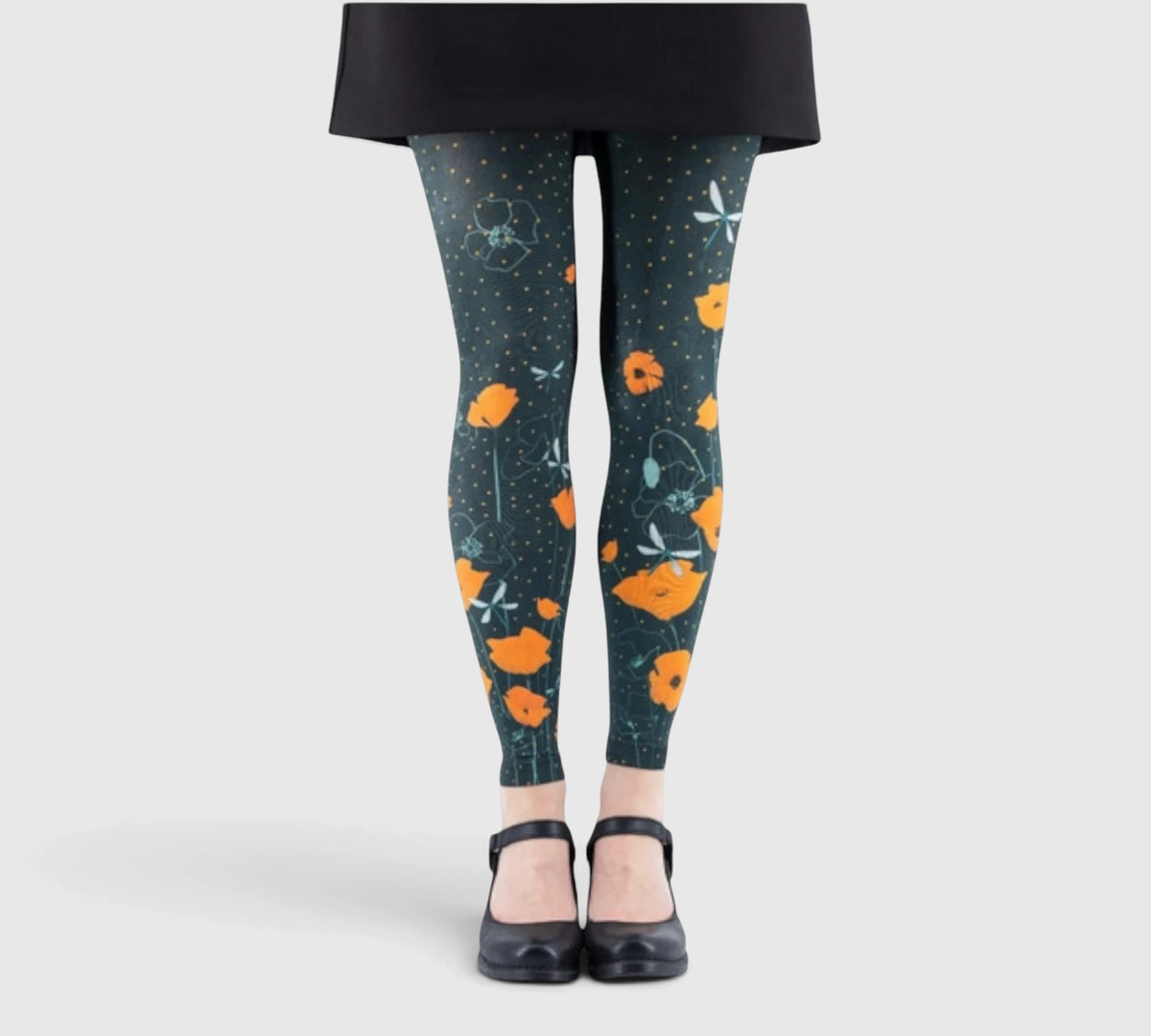 Legging fantaisie : coquelicots orange et libellules