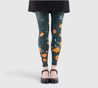 Legging fantaisie : coquelicots orange et libellules