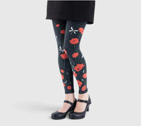 Legging fantaisie : coquelicots rouges et libellules